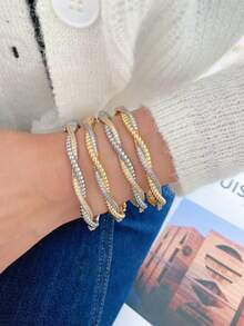 Brazalete con diseño de ola cruzada enchapado en oro de 18K con circonia cúbica incrustada, estilo europeo, casual y elegante - ola - Ver 2