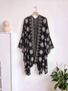 1件式優雅花卉刺繡開襟和服式圍裙女款，春夏波希米亞風外套，海灘度假防曬罩衫，裝飾性刺繡開襟衫，適合日常穿著，完美禮物選擇 - 黑色 - 查看 6