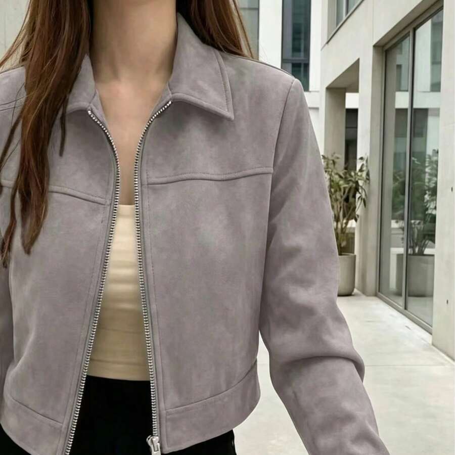 女士休闲纯色仿麂皮绒领拉链短外套，春秋冬季 - 灰色 - 查看 1