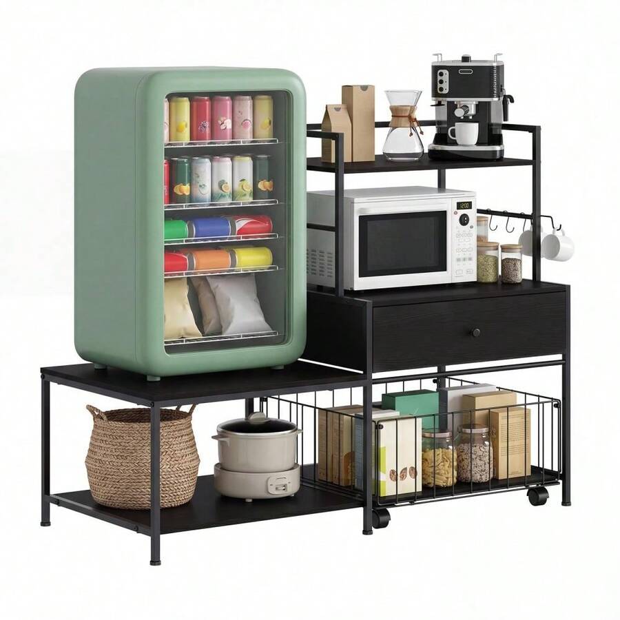 35.8 In Mini Fridge Stand With Storage - Heavy-Duty Metal Baker's Rack With Drawers, Microwave Shelf, Space-Saving Kitchen Organizer, Burn Color - Black - View 1