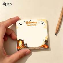 2/4pcs "Halloween Has Arrived" Square Blank Sticky Note Pads, Retro Cemetery Gate Pumpkin Lantern Bat Tombstone Spooky Autumn Border Design Neutral Beige, Aesthetic Fall Desk Stationery Accessories For Office School Planner Scrapbook, Halloween Gift Room Decor Home Decor Halloween Decor - one-size - View 8