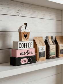 4件組 Coffee Mode ON 3D冰咖啡杯頂飾，鄉村農舍風粉黑咖啡桌裝飾牌，式木製裝飾，適用於分層托盤、咖啡吧、檯面、層架、廚房咖啡區居家裝飾，咖啡吧裝飾，廚房裝飾 - H - 查看 3