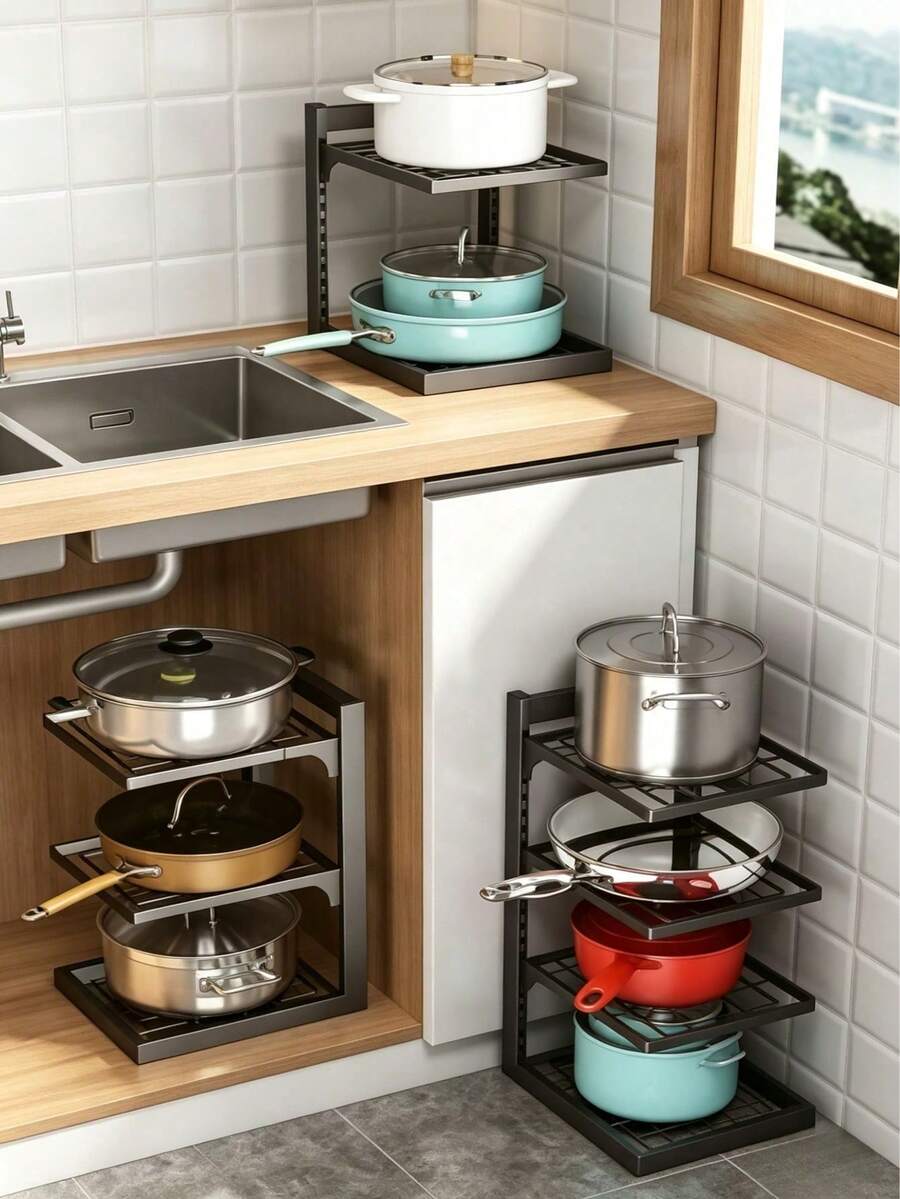 1 Piece Adjustable Multi-Layer Cookware Storage Rack, Black Layered Pot Rack, Holds Woks, Stock Pots, Frying Pans And Milk Pans, Freely Adjustable Layer Height, Suitable For Kitchen Countertop And Cabinet Interior To Organize Various Cookware. - Multiple Specifications - View 1