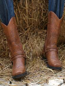 Mioeert Men's High Heel Tall Boots Classic Embroidered Vintage Square Toe Traditional Western Cowboy Boots - Brown - View 1