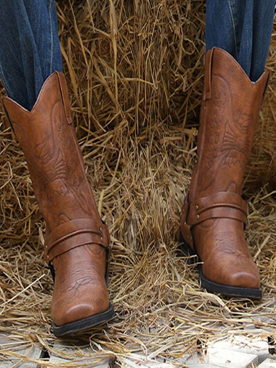 Mioeert Men's High Heel Tall Boots Classic Embroidered Vintage Square Toe Traditional Western Cowboy Boots - Brown - View 1