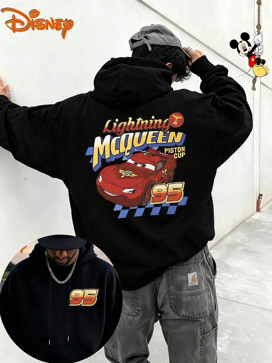 2026 Disney Men's 100% Cotton Hoodie, Reversible Red And Blue Racing Car Print, Unisex, An Excellent Clothing Choice And A Perfect Gift. - Black - View 1