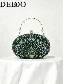 Luxury Peacock Rhinestone Evening Clutch, Oval Hard Frame Bag, Rhinestone Ball Lock Handle, Women's Fashion Handbag, Suitable For Weddings And Evening Events - Green - View 11