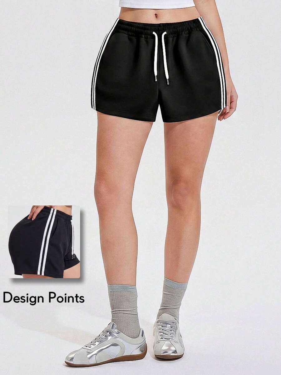 KyrLssu 女款條紋側綁腰休閒短褲 - 黑色 - 查看 1