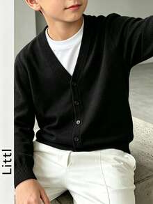 Boys' Basic Solid Color Knit Cardigan, V-Neck Button Long Sleeve Lightweight Jacket, Suitable For Autumn/Winter - Black - View 1