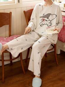 Gongdie 2pcs Snoopy Women's Pajama Set, Spring/Autumn Soft Cotton Loungewear In Grey Floral, With Cartoon Pattern And Bow Print - Light Grey - View 4