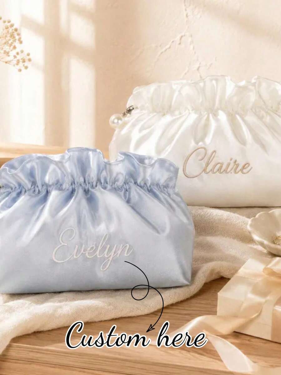 1pc Personalized Embroidered Ruffle Cloud Makeup Bag, Customized Bridesmaid Toiletry Bag, Travel Toiletry Bag, Bridesmaid Gift - Multicolor - View 1