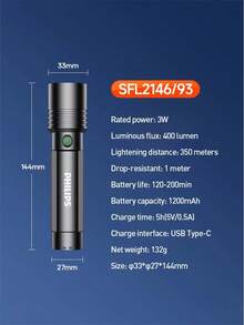 Philips SFL2146 Telescopic Zoom Flashlight, Eagle Eye Optical Lens 3W 1200mAh Battery, High/Low/Strobe/SOS Modes, One-Handed Focus Adjustment, USB-C Rechargeable Handheld Flashlight - Flashlight - View 11