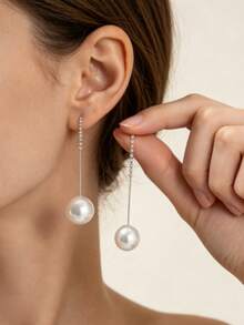 1 Pair Of Fashionable Personalities Long Style Temperament Faux Pearl Earrings Suitable For Women's Daily Commuting ﻿ - Gold - View 3