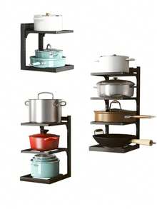 1 Piece Adjustable Multi-Layer Cookware Storage Rack, Black Layered Pot Rack, Holds Woks, Stock Pots, Frying Pans And Milk Pans, Freely Adjustable Layer Height, Suitable For Kitchen Countertop And Cabinet Interior To Organize Various Cookware. - Multiple Specifications - View 7