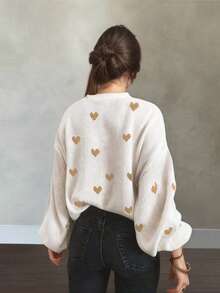 Sweater Lengan Panjang Leher Bulat Motif Hati untuk Wanita, Bahan Regular Fit, Cocok untuk Musim Gugur dan Musim Dingin, Modis dan Nyaman. - Putih - View 5