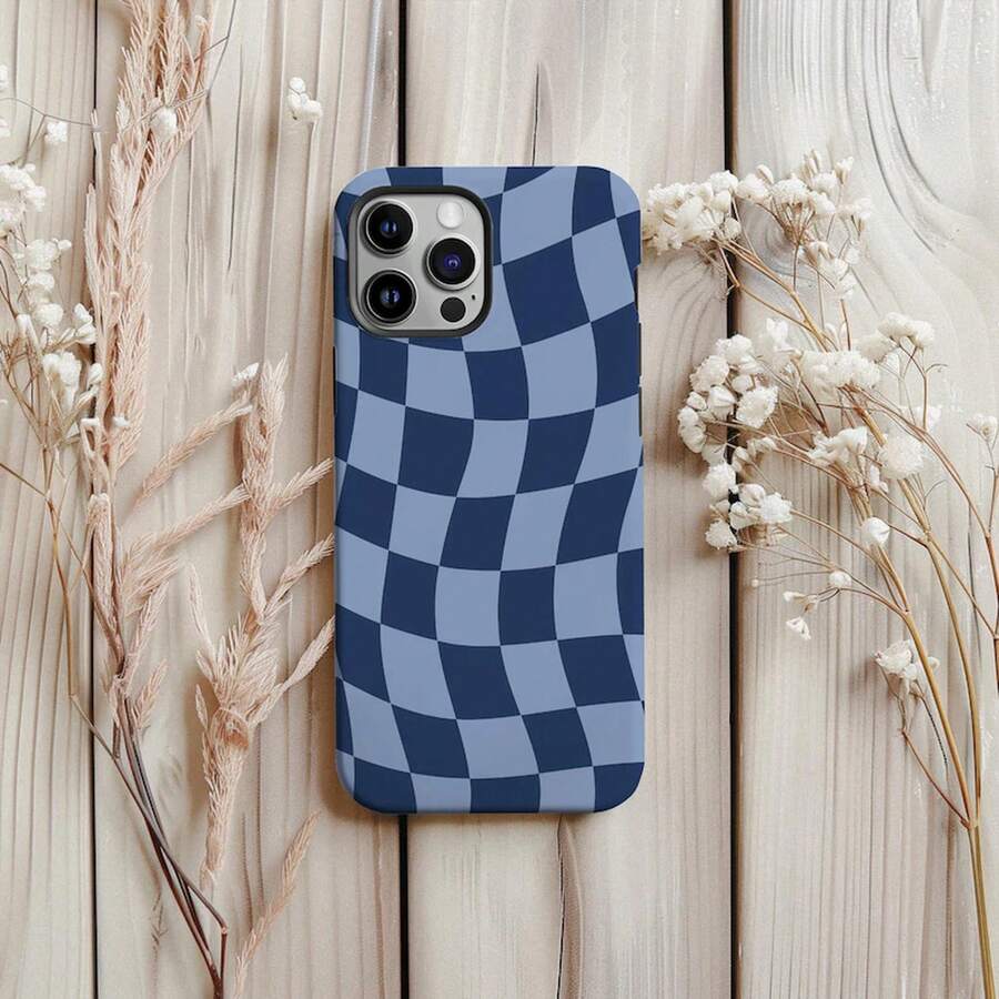 Navy Blue Wave Pattern Phone Case Simple Twisted Grid Print Phone Protective Cover For IPhone15 Plus 14 Pro Max 12 13 Mini Galaxy S24 S23 - 白色 - 查看 1