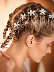 8pcs Exquisite Pearl Mini Flower Hair Clips, High-End Alloy Five-Petal Flower Tassel Hair Clips, Elegant Decorative Hair Accessories, Faux Pearl Daisy Tassel Hair Clips. Suitable For Daily Wear, Banquets, Gatherings, Dates, Parties, Photography, Travel, Weddings And Other Occasions. Adds A Vintage And Gentle Elegant, Small And Cute Hair Accessory Items. - White - View 2