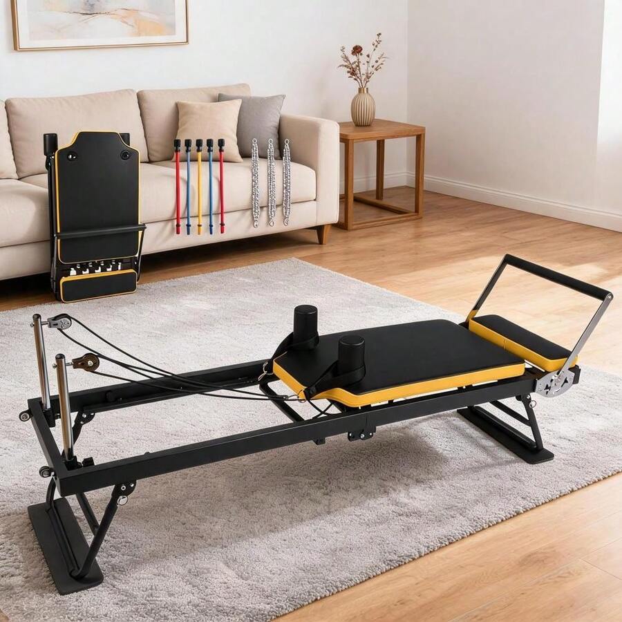 Collapsible Pilates Reformer Machine For Home Gym – Pink, Dual Resistance Springs & Cords, Portable Professional Pilates Equipment, Quiet Workout For All Levels - Black +Yellow - View 1
