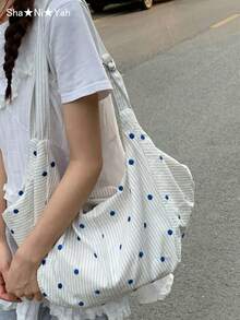 2026韓日風波點條紋女款大容量通勤單肩托特包，清新時尚，適合購物、校園、展覽、藝術斜挎包 - 白色 - 查看 3