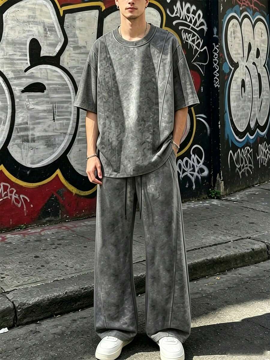 男士紮染圓領短袖T恤與長褲休閒套裝 - 深灰色 - 查看 1