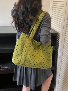 新款波點大容量女款單肩包，百搭通勤尼龍布托特包，休閒腋下托特包，綠色多口袋波點印花設計手提包，極簡大容量女款單肩包，休閒大學生/研究生筆電包，時尚百搭大容量手提包，方便旅行與日常使用，極簡純色手提包 - 綠色 - 查看 2