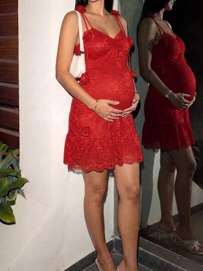 Pregnant Women's Red Lace Camisole Mini Dress With 3D Rose Decor And Ruffle Hem, Stretchy Maternity Dress Suitable For Baby Shower, Party, Date, And Photo Shoot Vacation