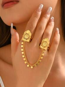 1pc Luxury Vintage Geometric Finger Ring, Suitable For Women's Banquet, Wedding, Festival Wear - Gold - View 4