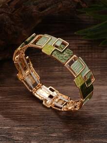 Cring Coco Set Perhiasan Geometris Persegi Enamel Hijau Gradien 4 Buah, Kalung Rantai Statement, Anting-Anting Gantung, Gelang Manset, Aksesoris Bertekstur untuk Wanita - Geometri 1 - View 3