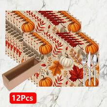 1pc/4pcs/6pcs Pumpkin Pattern Printed Linen Placemats, Rectangular Table Mats, Washable, Easy To Clean, Plate Mats, Bowl Mats, Western Style Dining Mats, Suitable For Kitchen, Dining Room, Home Gatherings, Coffee Table And Daily Table Decor - Multicolor - View 13