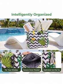 Pomelo Best 35L Polyester Large Beach Bag Solid Black Tropical Wavy Floral Flip Flop Print 9 Compartments Waterproof Sandproof Travel Shoulder Handbag - Multicolor - View 5