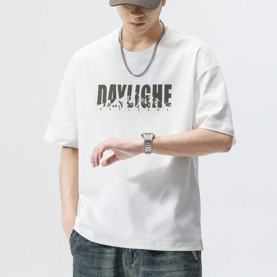 Camiseta de hombre con estampado y cuello redondo, nuevo modelo de verano, top de manga corta a la moda. - Blanco - Ver 1