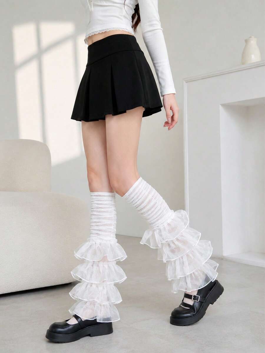 Girls White Sheer Ruffle Organza Leg Warmers, Layered Mesh Leg Warmers, Ruched Sheer Lace Leg Warmers, Multi-Layer Wavy Edge Fairy Lolita Leg Warmers, For Daily Wear, Cosplay, Party - Multicolor - View 1