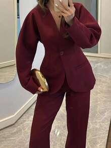 Women's Elegant Suit Jacket And Pants Set, Slim Fit V-Neck Petal Sleeve Single Button Blazer, Solid Color Straight Leg Pants, Casual Button - Burgundy - View 8