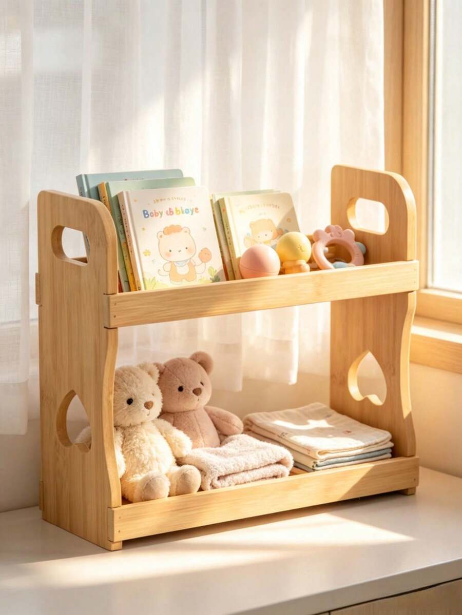 2-Tier Bamboo Baby Storage Rack, Portable Desktop Organizer, Multi-Functional Baby Diaper And Book Storage Rack - Multicolor - View 1