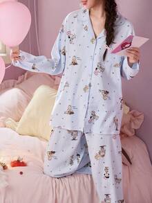 Gongdie 2 Potong Set Piyama Wanita Snoopy, Pakaian Santai Musim Semi/Musim Gugur Warna Biru Muda Lembut Bertekstur, Motif Kartun dan Bintang - Baby Blue - View 3