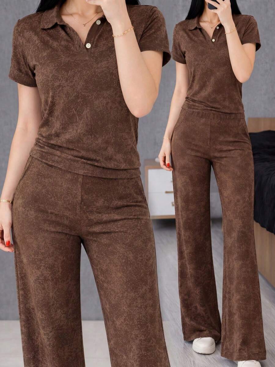 秋冬休閒居家服套裝:POLO領短袖上衣搭配直筒破洞寬鬆長褲 - 咖啡棕 - 查看 1