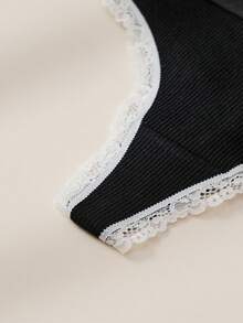4PCS Women's Low-Rise Ribbed Thong, Cotton Underwear, White Lace Trim With Bow Decoration, Soft And Stretchy Everyday Underwear - Black - View 5