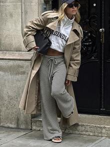VIBEWAVE Women's Y2K Retro Striped Knit Wide Leg Pants, Loose Drawstring Waist Casual Long Pants, Suitable For Back To School Season Daily Wear - Black and White - View 9