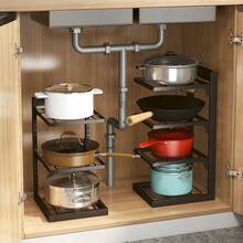 1 Piece Adjustable Multi-Layer Cookware Storage Rack, Black Layered Pot Rack, Holds Woks, Stock Pots, Frying Pans And Milk Pans, Freely Adjustable Layer Height, Suitable For Kitchen Countertop And Cabinet Interior To Organize Various Cookware. - Multiple Specifications - View 3