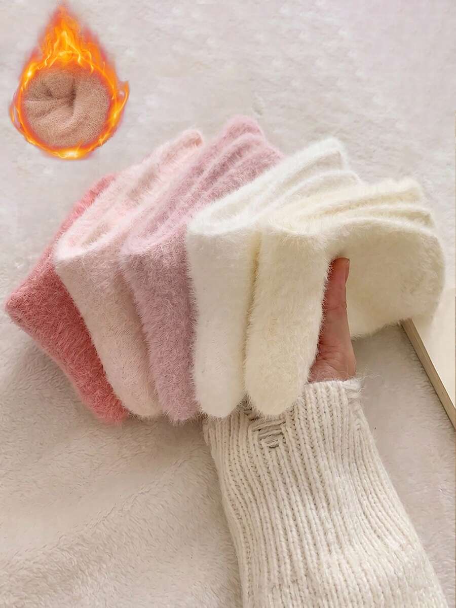 1/5 Pairs Women's Mink Fur Warm Mid-Calf Socks, Sleep Socks, Suitable For Home, Commute, Holiday Gifts - Multicolor - View 1