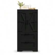 Rustic Kitchen Cabinet With 2 Drawers And Adjustable Shelves, Side Cabinet With Barn Door Design - 黑色 - 查看 2