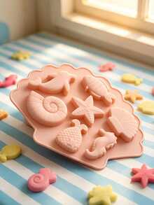 Multifunctional 7-Cavity Ocean Theme Mold, 3D Dolphin Seahorse Starfish Shell Conch Fish, Shell Outline Base, One-Piece Silicone Mold, Silicone, High Temperature Resistant, Oven And Freezer , Non-Stick Easy Release, Soft And Flexible, Reusable - Multicolor - View 3