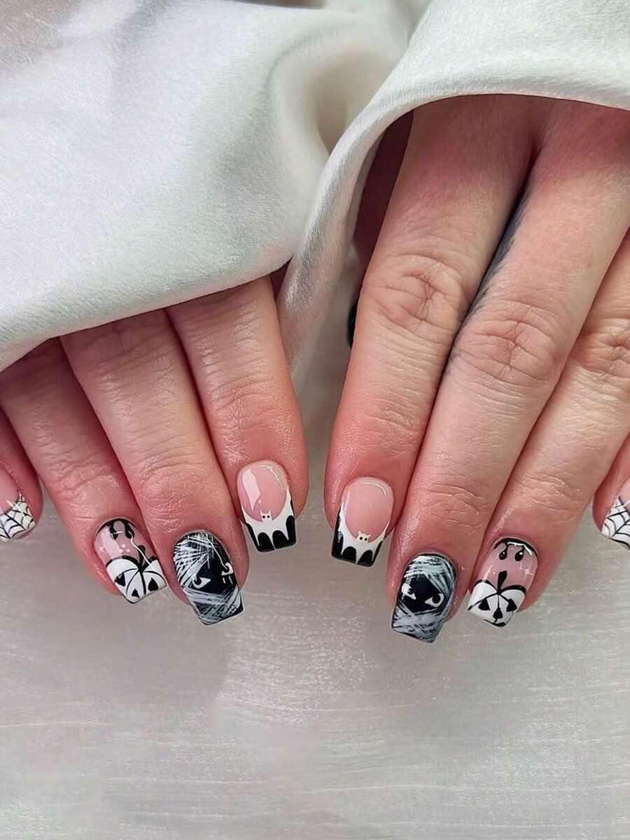 24pcs Halloween Y2K Short Square French Press-On Nails, Featuring Ghost, Spider Web, Pumpkin Head, Blood Splatter, Bat And Rhinestone Designs, Fit Fake Nail Set, Includes 1pc Jelly Glue And 1pc Nail File, Suitable For Women And Girls Daily And Party Use - Multicolor - View 1