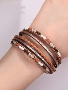 1pc Bohemian Style Purple & Pink Multi-Layer Leather Colorful Beaded Woven Magnetic Clasp Bracelet, Suitable For Women's Daily Commute Wear - Purple - View 4