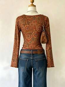 Atasan Vintage Motif Bunga Paisley Merah-Cokelat, Jaring Transparan, Leher Bulat, Pinggang Terikat, Lengan Panjang Berkerut, Potongan Ruffle, Mode Baru untuk Liburan Musim Semi, Gugur, Musim Dingin - Merah - View 3