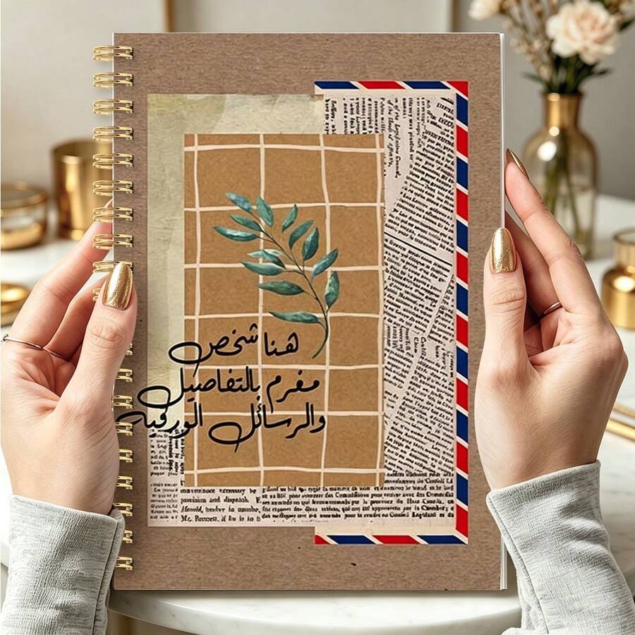1PC A5 Spiral Bound Motivational Arabic Journal, Rustic Scrap Paper Collage Border Cover, Retro Newspaper Clipping Plant Illustration Notebook, Daily Diary & Thought Recording Workbook For Gulf Users - EE - View 1