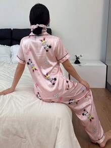 Disney 2-Piece Set Cartoon Print Casual Versatile Short Sleeve Button-Front Top Elastic Waist Long Pants Women's Pajama Set Suitable For All Seasons Home Wear - Pink - View 2