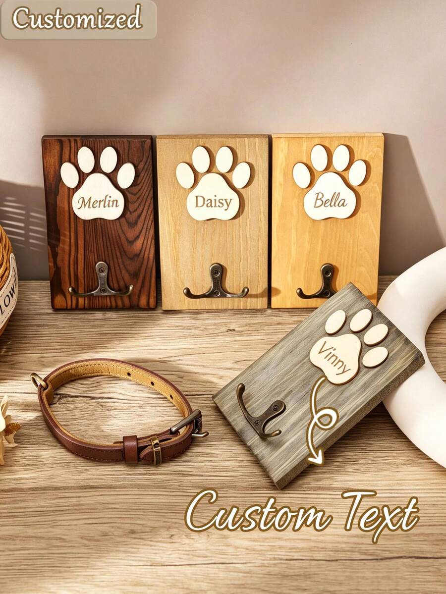 Personalized Dog Leash Wall Mount, Paw Print Wooden Key Hook Storage Rack, Custom Pet Name Hook Rack, Entryway Home Decor, Dog Mom Gift - Multicolor - View 1