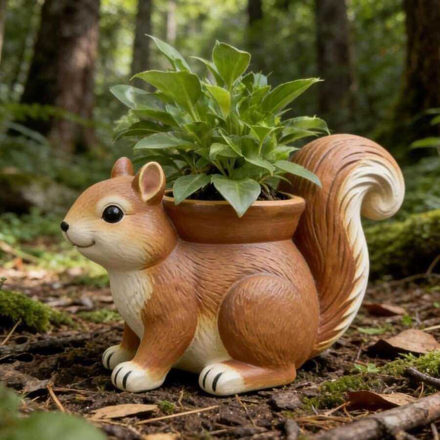 可愛松鼠多肉植物盆栽,樹脂動物桌面裝飾附收納功能,手工多功能筆筒收納盒,適用客廳與辦公室 - 雕像 - 查看 1