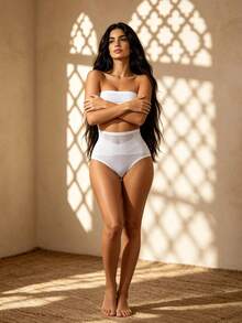 1pc Plus Size High Waist Breathable Lace Fiber Fabric Shaping Panties, Mesh Criss-Cross Woven Design Triangle Briefs - White - View 2